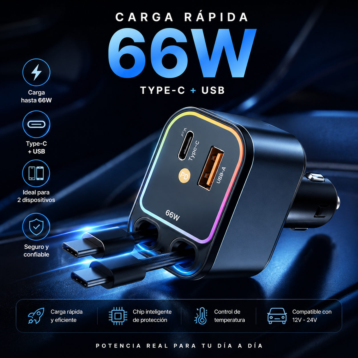 Cargador de Carro Premium 66W - Carga Rápida Type-C + USB-GUATEMALA